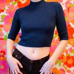 Vintage y2k dark blue iridescent glitter 1/2 sleeve mockneck knit sweater
